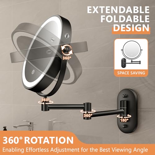 Auxmir 1X/30X Wall Mounted Makeup Mirror, 8" Rechargeable Magnifying Mirror | double-sided button, 3200mAh, 3 dimmable colors, 360° rotation, extended arm, 30X magnification, bathroom, black - color: 8'' 30x-black