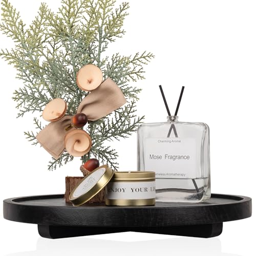 Round Decorative Tray Wood Bathroom Counter Organizer Farmhouse Kitchen Decor Wooden Riser for Soap Dish, Perfume, Candle, Sponge, 12" - Black | Waterproof, Lightweight, Easy Clean, Wood Riser Pedestal Stand Accessories for Office Desk, Vanity, Counter, S