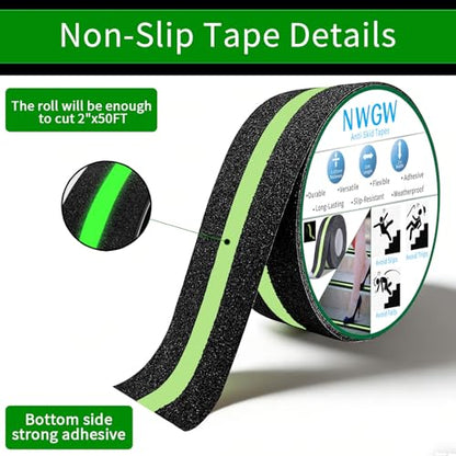 Glow in Dark Anti Slip Tape, 2" x50FT Heavy Duty Waterproof Safety Grip Tape for Stairs, Pool, Bathroom - Black & Glow Stripe Indoor/Outdoor Multi-Purpose Traction Tape - size: 2 Inch x 50 Feet