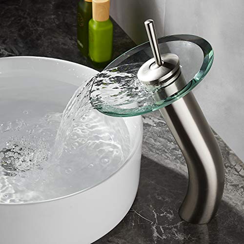Waterfall Bathroom Faucet Glass Single Handle Solid Brass Basin Lavatory Vessel Sink Vanity Faucet,Tall,Brushed Nickel - color: Brushed Nickel