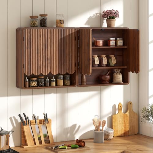 Fluted Bathroom Wall Cabinet, Wooden Bathroom Organizers, Scalloped Over The Toilet Storage Cabinet with Adjustable Shelf, Medicine Cabinets Wall Mounted for Bathroom, Laundry Room(Walnut) - color: Walnut