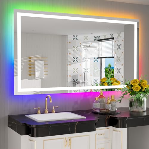 57x36 Inch RGB LED Bathroom Mirror Front Light and RGB Backlit Lighted Vanity Mirror for Bathroom Wall Mounted Dimmable Anti Fog Memory Shatter-Proof IP54 Waterproof Horizontal/Vertical - color: Rgb Backlit+front Lit, size: 57"L x 36"W