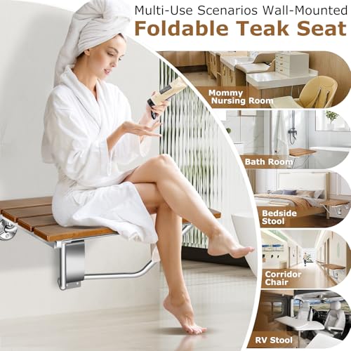 28" Wall Mounted Folding Shower Seat Stainless Steel Frame for Space Saving | Teak Foldable Shower Chair for Elderly, Pregnant, Disabled, Kids (Max 500lb) - size: 28 inches Teak Shower Bench