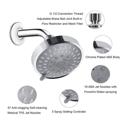 Shower Head High High Flow Pressure Rain Fixed Showerhead 5-Setting with Bathroom Showerhead with Adjustable Brass Ball Joint - for Luxury Shower Experience Even at Low Water Pressure