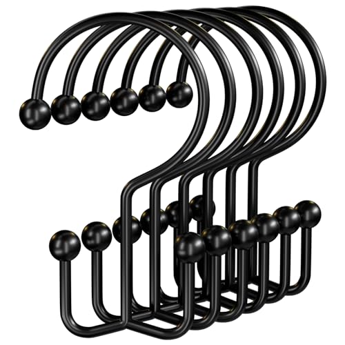 OEH 24 Pcs Shower Curtain Hooks, Metal Shower Curtain Rings, Black Shower Curtain Hooks Rust Proof, Double Shower Rings for Curtain, Easy Install Anti-Drop Shower Hooks for Shower Curtain, Black - color: Black, size: 24 Pack