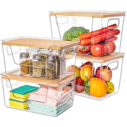 2 Large and 2 Small Pantry Organizers and Storage with Bamboo Lids, Stackable Clear Bins for Onion, Potato, Fruit, Vegetables, Trash Bag Dispenser, Kitchen and Under Sink Organizer - size: 4 Pack (2 Large + 2 Small)