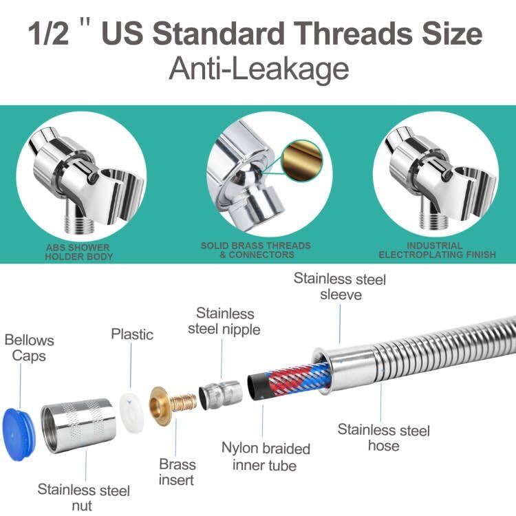MAYYAYA Brass Ball Handheld Shower Head Holder, 59IN ShowerHead Hose,Silver | Premium ABS Bracket, 360 Degree Rotatable Brass Ball, Arm Mount&Hose Connector, Chrome 1.5m stainless steel shower hose - color: Silver