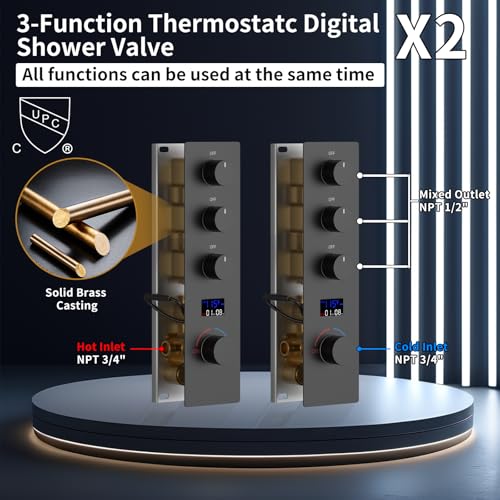 Dual Shower Mixer 6 Way Full Body Shower Head System Rain 12+8+8 Inch With Wall Mount 6 Pcs Jets 2 Handheld Shower Diverter Valve Digital Display Fauct Set,Matte black - color: Matte Black