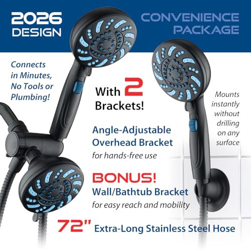 AquaCare 2026 High Pressure Dual Handheld Shower Head Combo w/Pause Switch | Detachable Showerhead Wand, Stay-Clean Jets, Extra-long 6 ft. Stainless Steel Hose, Dual Wall & Overhead Brackets / Black - color: Black
