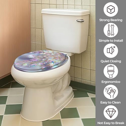 Round Resin Toilet Seat, Quietly Close Quick Release Hinges Cover | Toilet Lid Cover Easy to Clean and Install, Opulent Iridescent Leaf Silky Glow Finish Heavy Duty Toilet Seat - color: pattern3, size: O-shape