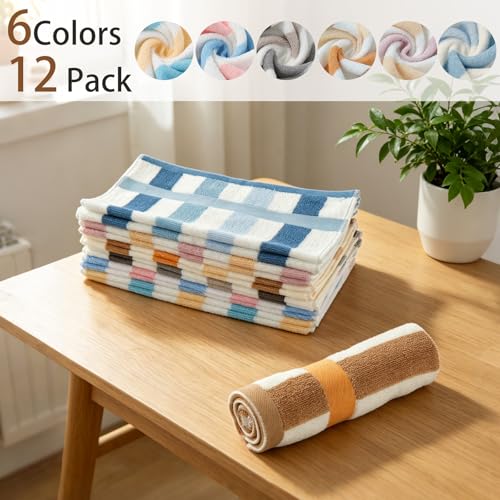 12 Pack Striped Wash Cloths, 13.4” x 13.4”inches 100% Cotton Absorbent Soft Wash Cloths for Showering Bathroom, Kitchen, Gym, Face - 6 Colors