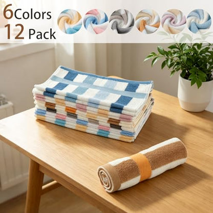 12 Pack Striped Wash Cloths, 13.4” x 13.4”inches 100% Cotton Absorbent Soft Wash Cloths for Showering Bathroom, Kitchen, Gym, Face - 6 Colors