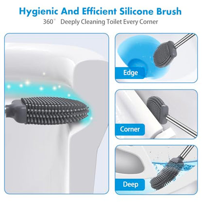 Silicone Toilet Brush and Holder, Flexible Bowl Brush Head with Ventilated Holder, Wall Mounted Compact Set for Bathroom Cleaning