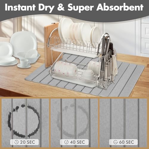 Extra Large Stone Dish Drying Mat for Kitchen Counter, 28"×16" Eco-friendly,Instant Drying Pad,Diatomaceous Earth Water Absorbing Mat, Foldable and Super Absorbent Dish Drying Stone Mat, Light Gray - color: Light Gray