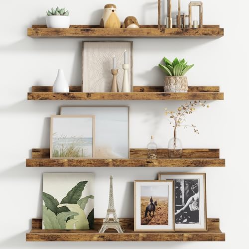 Floating Picture Ledge Shelves for Wall Set of 4, 24 Inch Wall Shelves with Lip Long Large Nursery Book Shelf for Toys Storage Kids Bookshelf Wall Mounted Living Room Bedroom Decor Frames - color: Brown, size: 24'', Set of 4