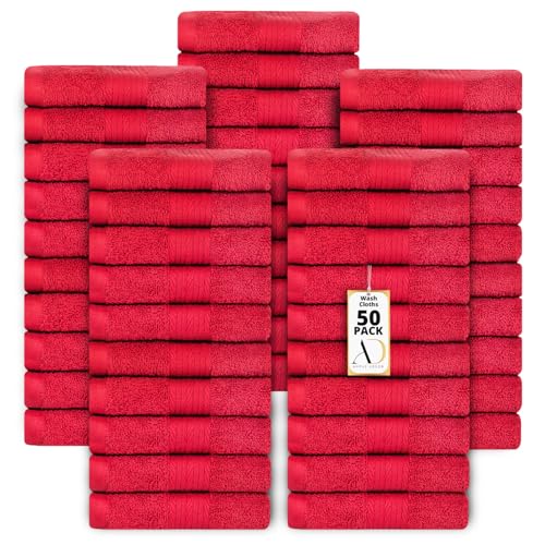 100% Cotton Washcloths 12x12 Inches, 600 GSM, Soft & Absorbent, Durable, Set of 50, Red - color: Red, size: Washcloth Set of 50