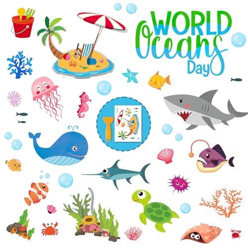 PRATIQUE Non Slip Bathtub Stickers, 6 Pages World Ocean Day Sea Organism Adhesive Kids Anti Slip Decal Threads for Shower Floor and Bath Tub Decals with Premium Scraper - color: Sea Day