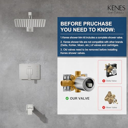 KENES Brushed Nickel Shower Set with Tub Faucet, Tub and Shower Trim Kit | Shower Faucet with 10-Inch Rain Shower Head, Square Shower System, Valve Included, Lead-Free cUPC & NSF Certified, Stainless - color: Brushed Nickel, style: Tub Shower Faucet Set