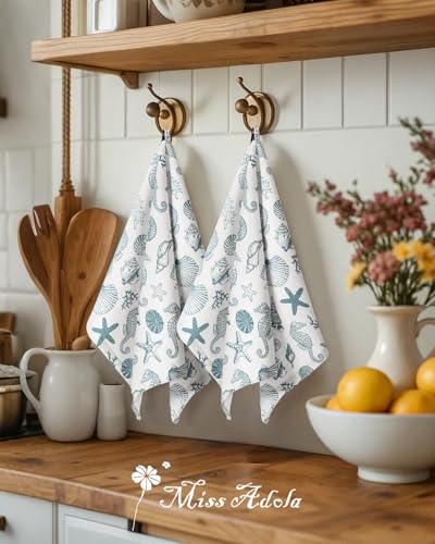 2pcs Cotton Waffle Kitchen Towels, Nautical | Waffle Weave, Terry Cloth, Pure Cotton, Sustainable, 16"x26", Highly Absorbent, with Hanging Loop, Giftable Package - color: Coastal