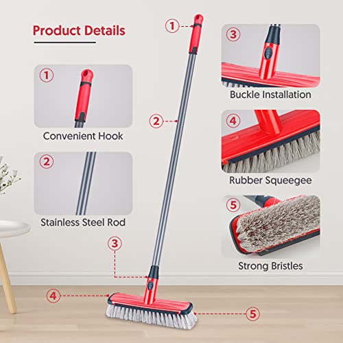 Floor Scrubber with Long Handle, 2 in 1 Scrubbing Brush Stiff Bristle Shower Cleaning Brush for Bathroom, Kitchen, Tub, Carpet, Grout, Tile(Red) - color: Red