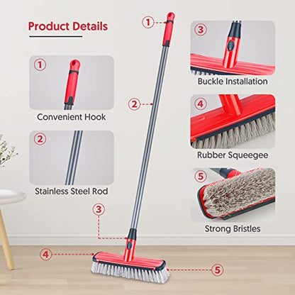 Floor Scrubber with Long Handle, 2 in 1 Scrubbing Brush Stiff Bristle Shower Cleaning Brush for Bathroom, Kitchen, Tub, Carpet, Grout, Tile(Red) - color: Red