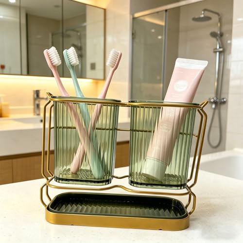 Green Toothbrush Holders for Bathrooms, 2 Cups Toothbrush Holders Wall Mounted, Bathroom Organizers and Storage, Bathroom Toothbrush Holder Set for Toothpaste Razors Toothbrush