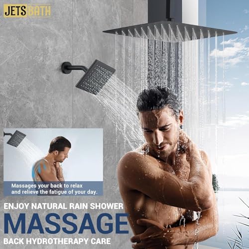 16" Thermostatic Dual Rainfall Head Shower System with Handheld & Valve, 16” Ceiling Shower Faucet Set with 6-Inch Shower Head, JetsBath Matte Black Full Body Shower System for Couples/ 2-Person - color: Matte Black