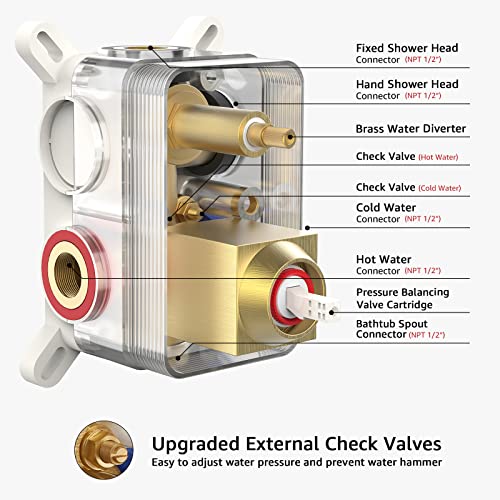 Iriber Ceiling Brushed Gold Rain Shower System with Waterfall Tub Spout 3 Function Shower Faucet Set Contain 12 Inch Shower Head and Handheld Shower Trim Kit (Valve Cartridge Included) - color: Brushed Gold 02