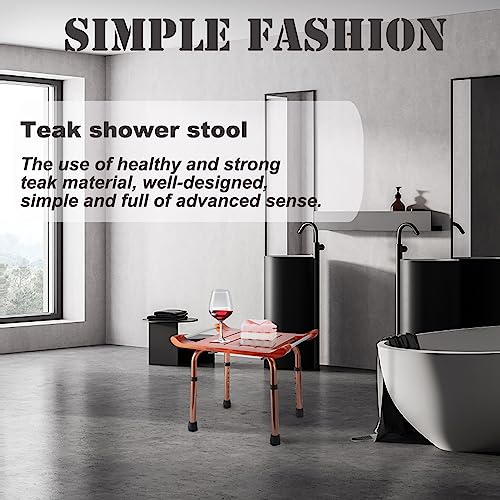 Teak Shower Bench with Handles, Shower Chair for Inside Shower, Height Adjustable Stool, Attached Shower Head Holder Skid pad, Supports Up to 300 Lbs Both Indoor and Outdoor use