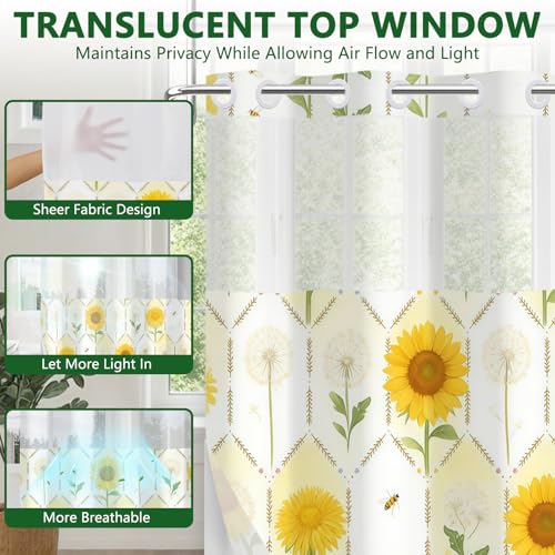 No Hook Shower Curtain with Snap in Liner, Floral Shower Curtain with Sheer Top Window and Weighted Hem, Sunflower and Dandelion Print Farmhouse Shower Curtains for Bathroom, 71" W x 74" L - color: Sunflower and Dandelion