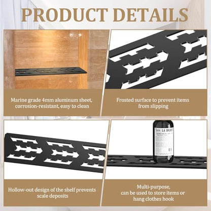 12 Inch Shower Niche Shelf Frosted Anodized Aluminum Finish Tile Insert | Rectangular Shelf for 12 Inch Tile Prefabricated Niches, Fits 1/8 Inch Grout Lines, Shower Niche Insert Frosted Anodized - size: Aluminum - Black