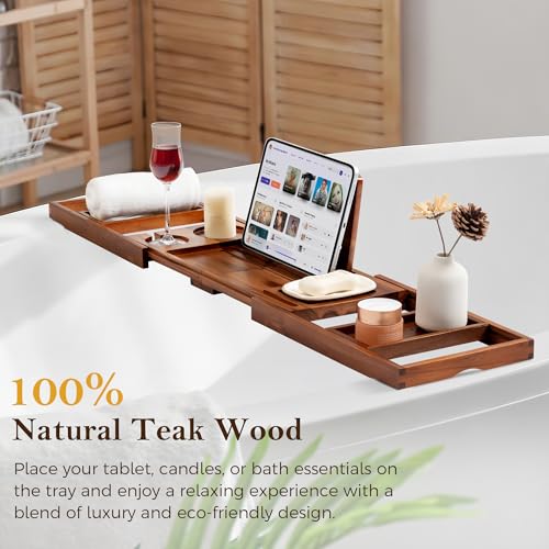 Teak Bathtub Tray for Tub, Expandable Bath Tray 28–40in, Foldable Bathtub Caddy with Wine Glass Holder, Phone & Book Stand, Wooden Bath Tray Organizer, Luxury Bathroom Accessories Gift - Light Walnut - color: Light Walnut - Solid Teak Wood