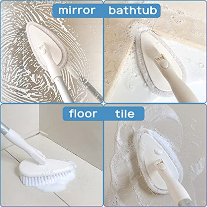 Qaestfy Shower Scrubber Cleaning Brush Combo Bath Tub Tile Cleaner Scrubber Brush with 51'' Adjustable Long Handle Scrub Brush for Bathroom Shower Bathtub Wall Mop Cleaning Scrubbing - color: White