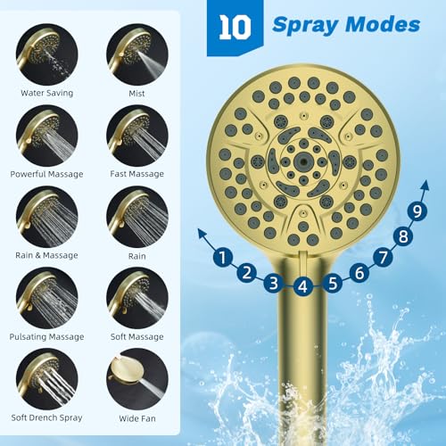 Hibbent High Pressue All Metal 10" Rainfall Shower Head, Handheld 10-Spray | cUPC Certified Brushed Gold Dual Showerhead Combo, 4-way Diverter with Pause Mode, Brass Extension Arm, 71'' Hose & Holder - color: Burshed Gold, style: Square 10"