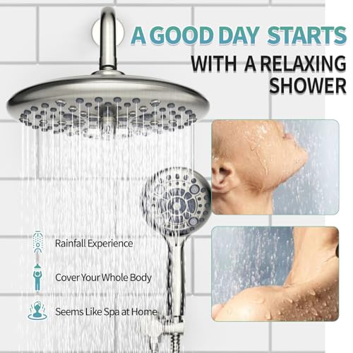 SR SUN RISE Shower Faucet - 10 Inch Multifunctional High Pressure Shower Head System with Handheld Shower Head Fixtures - Valve Included - Brushed Nickel - color: Brushed Nickel, size: 10 Inch