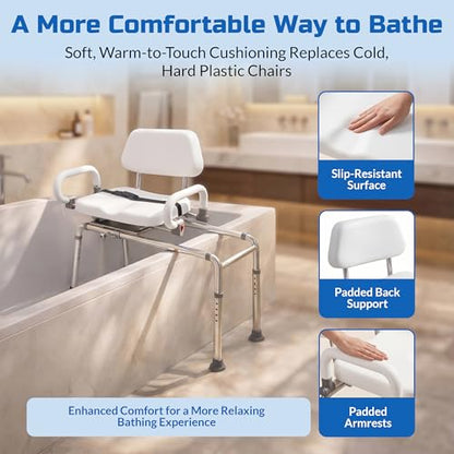 Carousel Sliding Shower Chair Tub Transfer Bench with Swivel Seat Elderly | Slide Safely In & Out of the Tub - White, padded seat, padded armrests, swivel seat, backrest, heavy-duty, extra-wide seat - color: White