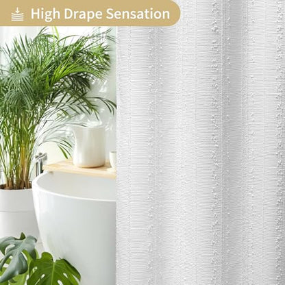 Extra Long White Shower Curtain Boho, 72 x 90 Cotton Blend Waffle Weave Stripe Textured Heavy Duty, Fabric Shower Curtain for Bathroom, Hotel, Washable - color: White, size: 72"W x 90"L (Pack of 1)