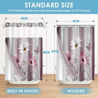 No Hook Shower Curtain with Snap in Liner 71x74 Inch Pink Daisy | Farmhouse Flower Rustic Modern Double Layers Waterproof Fabric with See Through Top Window Open Grommet Bath Curtain - color: Pink Daisy, size: 71"W x 74"L (Pack of 1)