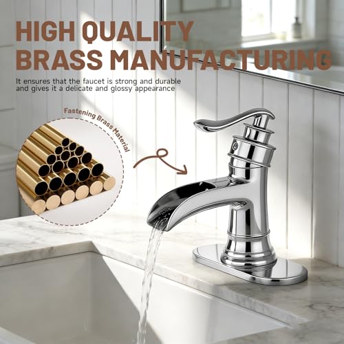 Bathroom Faucet Chrome Waterfall Bathroom Sink Faucets & Parts | with Pop Up Drain Stopper with Overflow Single Handle Single Hole Vanity Commercial Trough Supply Lines Hose Lead-Free - color: Chrome
