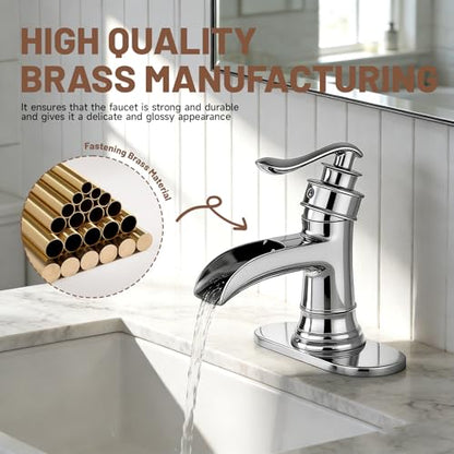Bathroom Faucet Chrome Waterfall Bathroom Sink Faucets & Parts | with Pop Up Drain Stopper with Overflow Single Handle Single Hole Vanity Commercial Trough Supply Lines Hose Lead-Free - color: Chrome