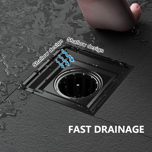 Neodrain 4 Inch Matte Black Square Shower Drain High Flow Floor Drain | Low Profile Drain Cover Removable Stainless Steel 304 Grate with Hair Catcher,Lifting Hook and PVC Drain Base - color: Matte Black, size: 4 In