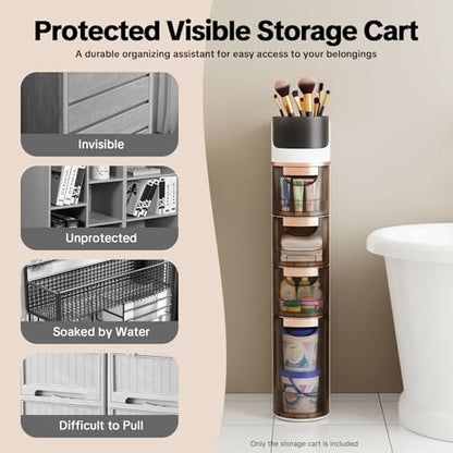 4 Tiers Slim Bathroom Storage Cabinet, 4 Drawer Narrow Slim Storage Cart, Mobile Storage Organizer with Tissue Box and Removable Dividers for Bathroom, Bedroom, Kitchen (White+Tawny)