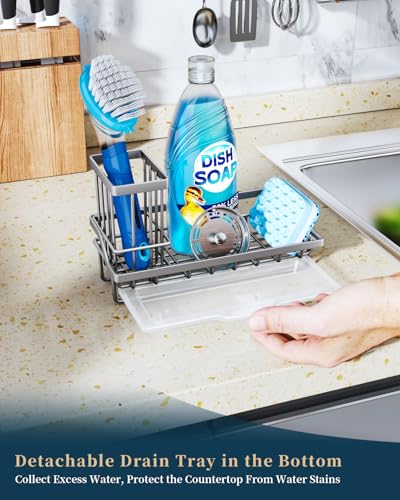Consumest Sponge Holder for Kitchen Sink, Sink Caddy Organizer with Removable Drip Tray, Countertop Dish Soap Holder and Brush Holder, 304 Stainless Steel - Sand Nickel - color: Sand Nickel
