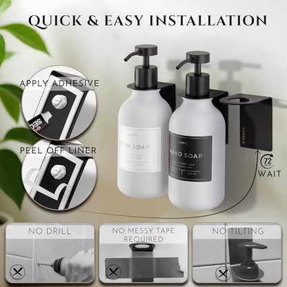 Shower Shampoo Dispenser Wall Mounted – 3 Refillable 16.9 oz White Bottles with Stainless Steel Pumps & No-Drill Adhesive Holders – Soap Dispenser Set for Bathroom (3 X White/Black) - color: 3 X White/Black