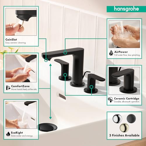 hansgrohe Rebris S Widespread Bathroom Faucet, 2-Handle, 3 Hole Bathroom Sink Faucet for Vanity with Pop-Up Drain Assembly, 1.2 GPM, Matte Black, 72530671 - color: Matte Black