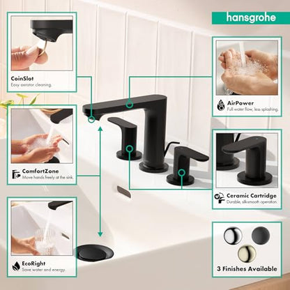 hansgrohe Rebris S Widespread Bathroom Faucet, 2-Handle, 3 Hole Bathroom Sink Faucet for Vanity with Pop-Up Drain Assembly, 1.2 GPM, Matte Black, 72530671 - color: Matte Black