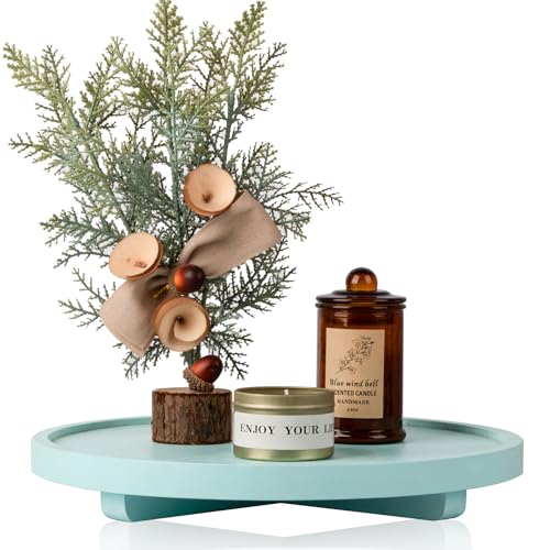 Round Decorative Tray Farmhouse Kitchen Decor Soap Dish, 12" Light Blue | Waterproof, Lightweight, Easy Clean, Wood Riser Pedestal Stand Accessories for Office Desk, Vanity, Counter, Sink - color: Light Blue, size: 12"