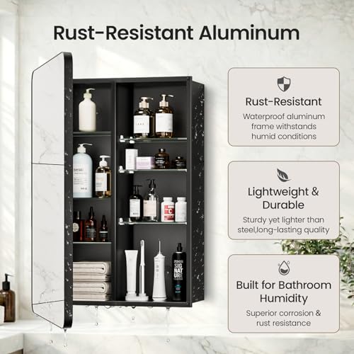 Black Medicine Cabinet with Mirror and Storage, 24x32 Inch | Rustproof aluminum bathroom mirror with storage; 6 adjustable glass shelves, tall-bottle divider, dual mount, pre-assembled - size: 24" x 32"