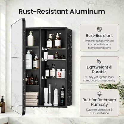 Black Medicine Cabinet with Mirror and Storage, 24x32 Inch | Rustproof aluminum bathroom mirror with storage; 6 adjustable glass shelves, tall-bottle divider, dual mount, pre-assembled - size: 24" x 32"