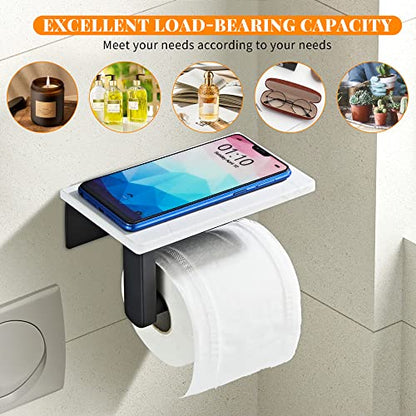 Matte Black Toilet Paper Holder with Marble-Look Shelf, Wall Mounted SUS304 Stainless Steel Toilet Roll Holder with Phone Storage - color: Matte Black